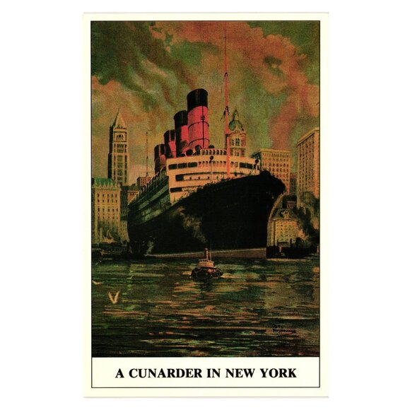 A Cunarder In New York Cunard Reproduction Postcard Marine Art 1990 13 of 23 - Picture 1 of 2